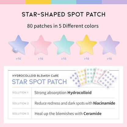 #OOTD Star Pimple Patches – Hydrocolloid Acne Spot Treatment with Niacinamide & Ceramide, Cute Pastel Colors, K-Beauty Skincare for Face, 80 Count Avelisse
