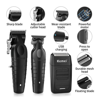 KEMEI Professional Hair Clipper & Beard Trimmer Set for Men – Cordless Rechargeable Fade Clipper Kit (KM-2299, KM-2296, KM-1102) Avelisse