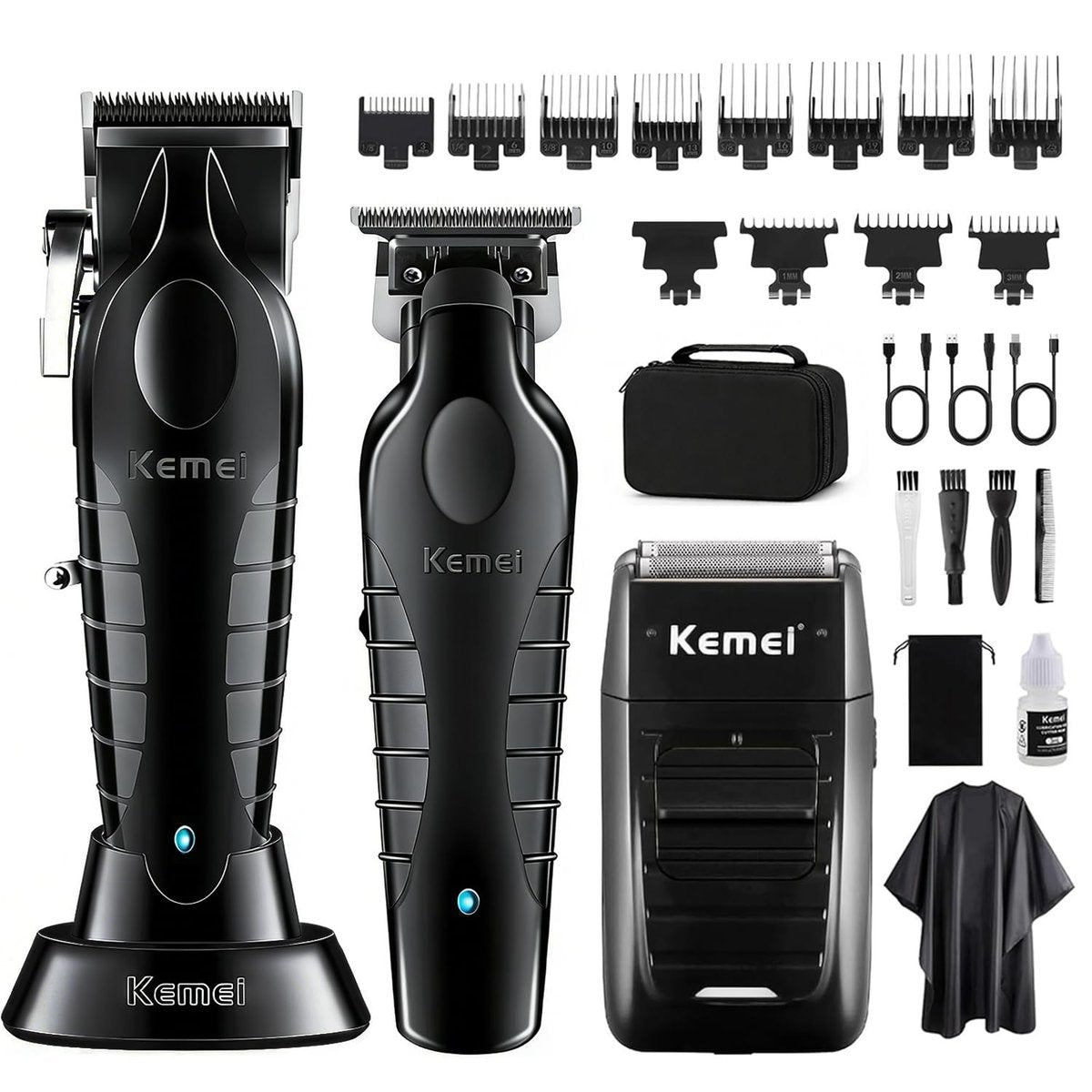 KEMEI Professional Hair Clipper & Beard Trimmer Set for Men – Cordless Rechargeable Fade Clipper Kit (KM-2299, KM-2296, KM-1102) Avelisse
