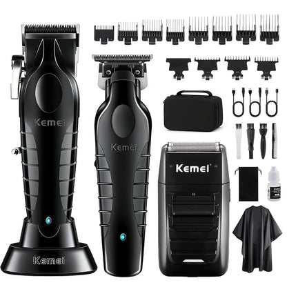KEMEI Professional Hair Clipper & Beard Trimmer Set for Men – Cordless Rechargeable Fade Clipper Kit (KM-2299, KM-2296, KM-1102) Avelisse