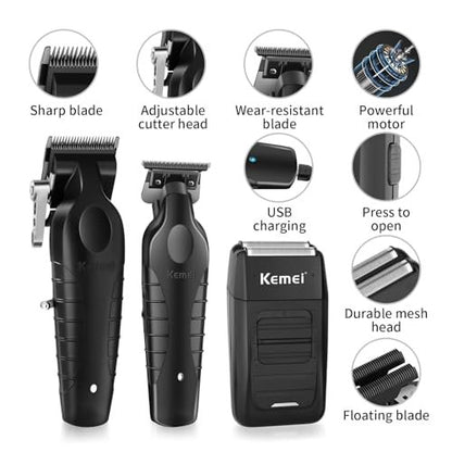 KEMEI Professional Hair Clipper & Beard Trimmer Set for Men – Cordless Rechargeable Fade Clipper Kit (KM-2299, KM-2296, KM-1102) Avelisse