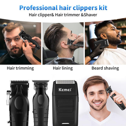 KEMEI Professional Hair Clipper & Beard Trimmer Set for Men – Cordless Rechargeable Fade Clipper Kit (KM-2299, KM-2296, KM-1102) Avelisse
