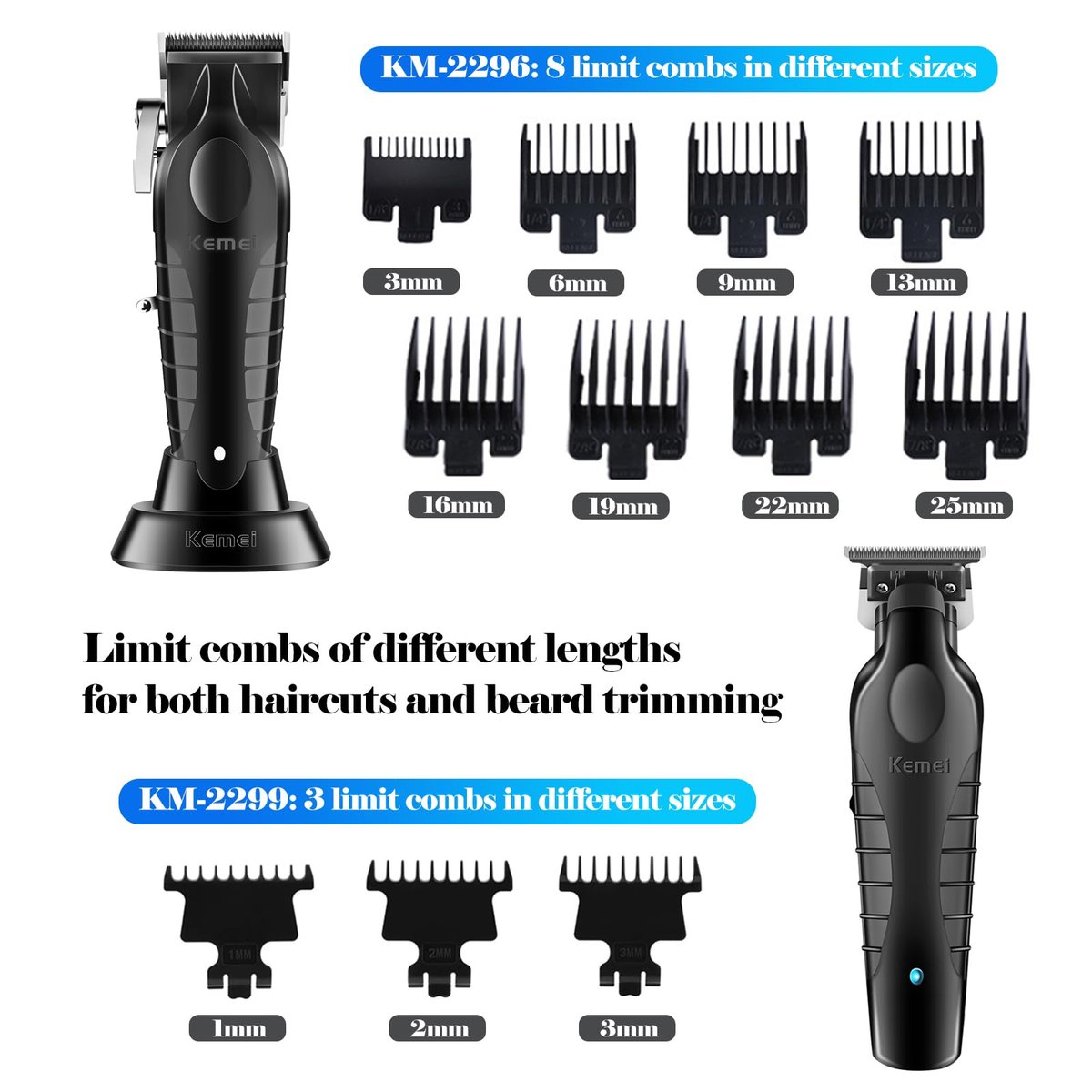 KEMEI Professional Hair Clipper & Beard Trimmer Set for Men – Cordless Rechargeable Fade Clipper Kit (KM-2299, KM-2296, KM-1102) Avelisse