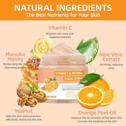 IREV Vitamin C Face Scrub – Exfoliating Facial Wash with Retinol, Deep Cleansing for Women & Men, 3.53 oz