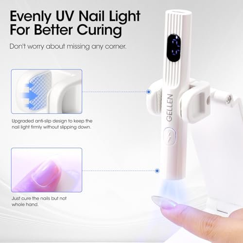 Gellen UV Light for Gel Nails with Stand - Mini Handheld UV Nail Lamp, Flash Cure Cordless Rechargeable Nail Dryer with LCD Display, 3 Timers 30s/60s/99s, 180° Rotatable Holder (White) Avelisse