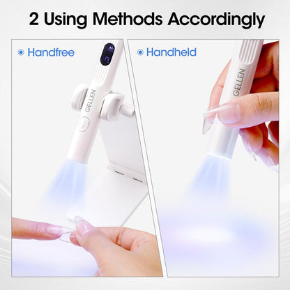 Gellen UV Light for Gel Nails with Stand - Mini Handheld UV Nail Lamp, Flash Cure Cordless Rechargeable Nail Dryer with LCD Display, 3 Timers 30s/60s/99s, 180° Rotatable Holder (White) Avelisse