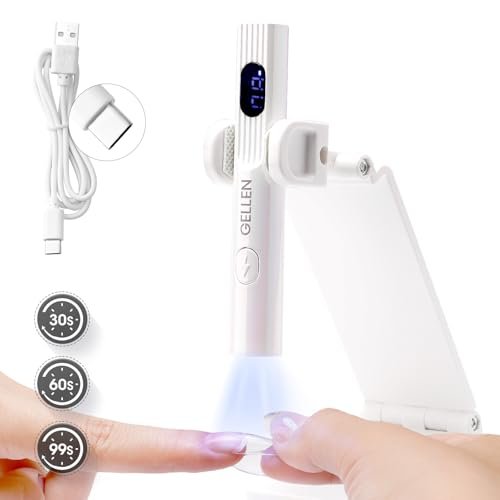 Gellen UV Light for Gel Nails with Stand - Mini Handheld UV Nail Lamp, Flash Cure Cordless Rechargeable Nail Dryer with LCD Display, 3 Timers 30s/60s/99s, 180° Rotatable Holder (White) Avelisse