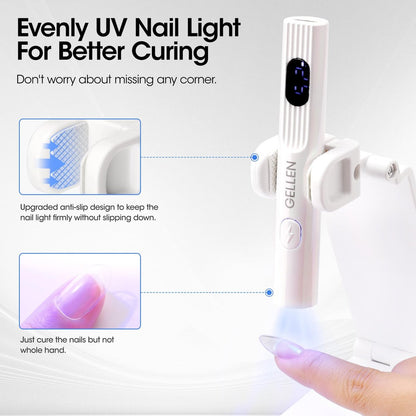 Gellen UV Light for Gel Nails with Stand - Mini Handheld UV Nail Lamp, Flash Cure Cordless Rechargeable Nail Dryer with LCD Display, 3 Timers 30s/60s/99s, 180° Rotatable Holder (White) Avelisse