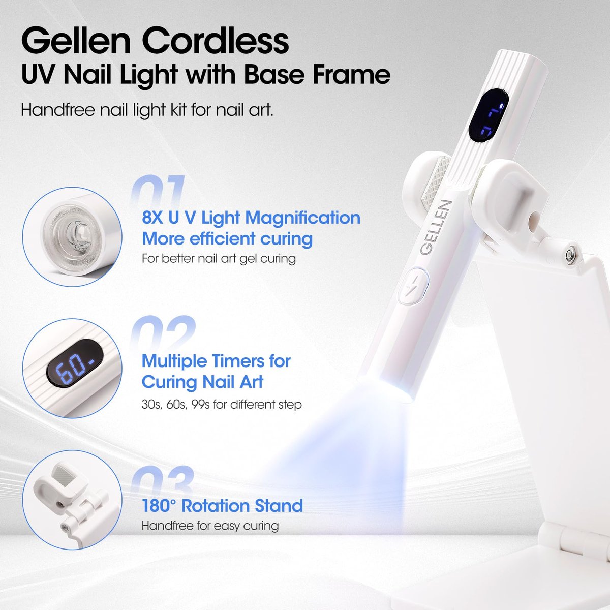 Gellen UV Light for Gel Nails with Stand - Mini Handheld UV Nail Lamp, Flash Cure Cordless Rechargeable Nail Dryer with LCD Display, 3 Timers 30s/60s/99s, 180° Rotatable Holder (White) Avelisse