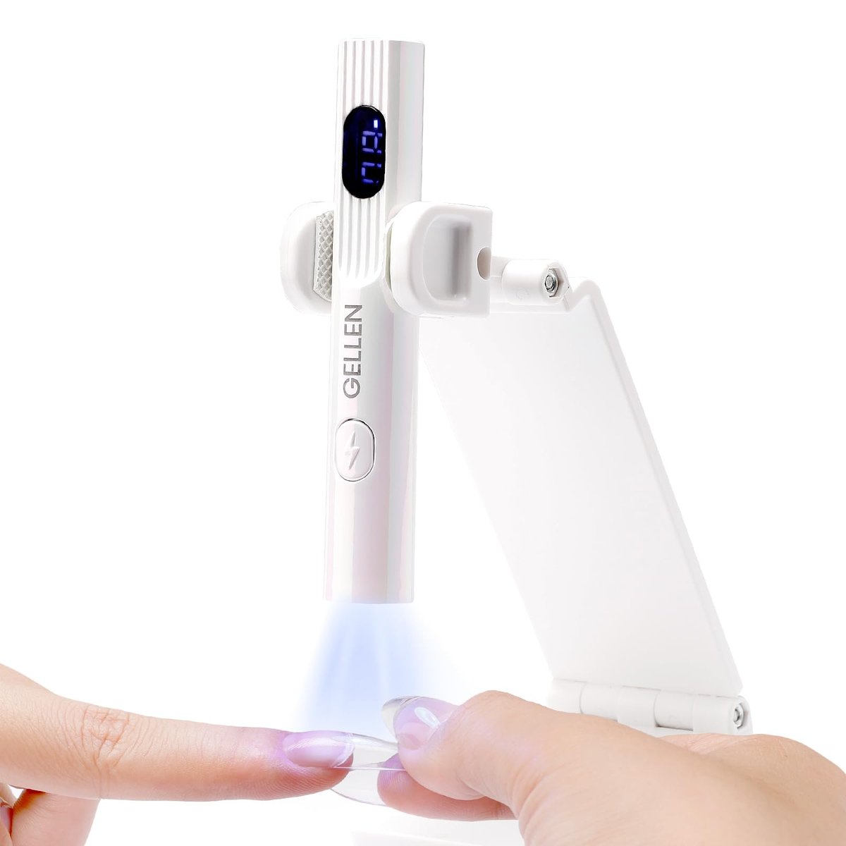 Gellen UV Light for Gel Nails with Stand - Mini Handheld UV Nail Lamp, Flash Cure Cordless Rechargeable Nail Dryer with LCD Display, 3 Timers 30s/60s/99s, 180° Rotatable Holder (White) Avelisse