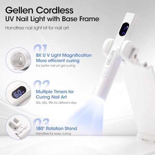 Gellen UV Light for Gel Nails with Stand - Mini Handheld UV Nail Lamp, Flash Cure Cordless Rechargeable Nail Dryer with LCD Display, 3 Timers 30s/60s/99s, 180° Rotatable Holder (White) Avelisse