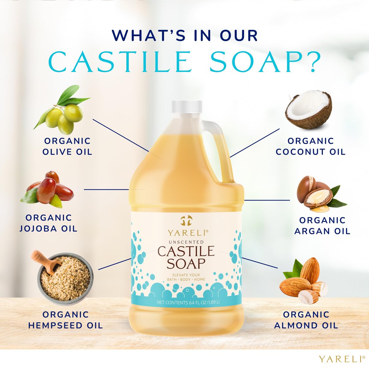 YARELI Pure Castile Soap Liquid Unscented 64oz – EWG Verified Organic Oils, Fragrance-Free Body Wash, Castile Soap for Bath Body Home Laundry – Made in USA, Vegan Avelisse