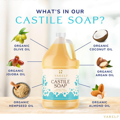 YARELI Pure Castile Soap Liquid Unscented 64oz – EWG Verified Organic Oils, Fragrance-Free Body Wash, Castile Soap for Bath Body Home Laundry – Made in USA, Vegan Avelisse