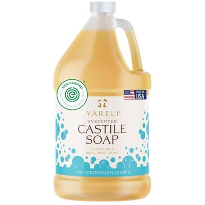 YARELI Pure Castile Soap Liquid Unscented 64oz – EWG Verified Organic Oils, Fragrance-Free Body Wash, Castile Soap for Bath Body Home Laundry – Made in USA, Vegan Avelisse