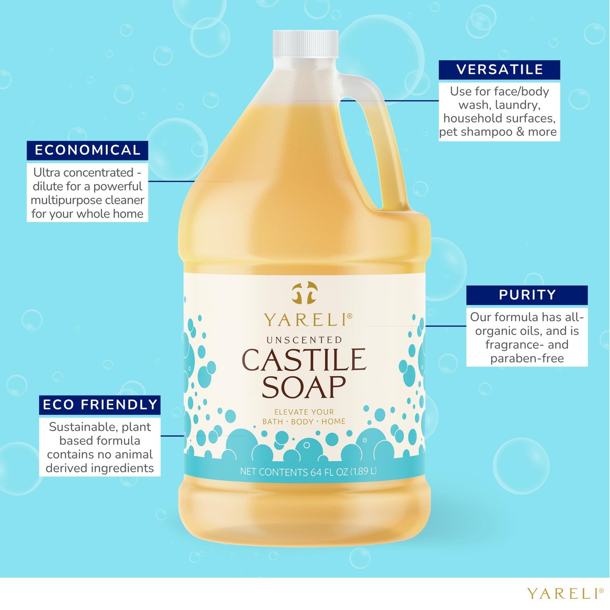 YARELI Pure Castile Soap Liquid Unscented 64oz – EWG Verified Organic Oils, Fragrance-Free Body Wash, Castile Soap for Bath Body Home Laundry – Made in USA, Vegan Avelisse