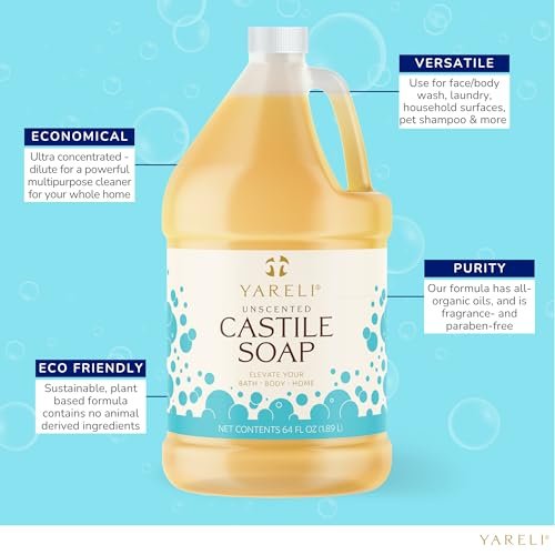 YARELI Pure Castile Soap Liquid Unscented 64oz – EWG Verified Organic Oils, Fragrance-Free Body Wash, Castile Soap for Bath Body Home Laundry – Made in USA, Vegan Avelisse