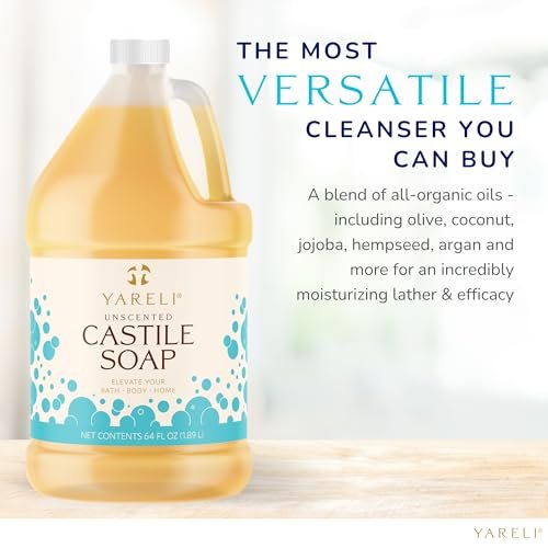 YARELI Pure Castile Soap Liquid Unscented 64oz – EWG Verified Organic Oils, Fragrance-Free Body Wash, Castile Soap for Bath Body Home Laundry – Made in USA, Vegan Avelisse