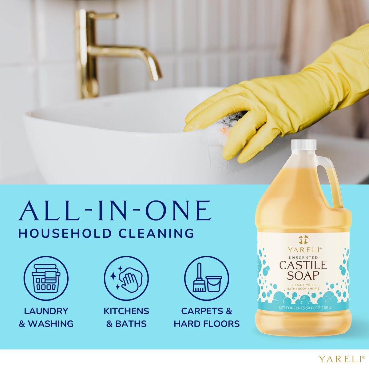 YARELI Pure Castile Soap Liquid Unscented 64oz – EWG Verified Organic Oils, Fragrance-Free Body Wash, Castile Soap for Bath Body Home Laundry – Made in USA, Vegan Avelisse