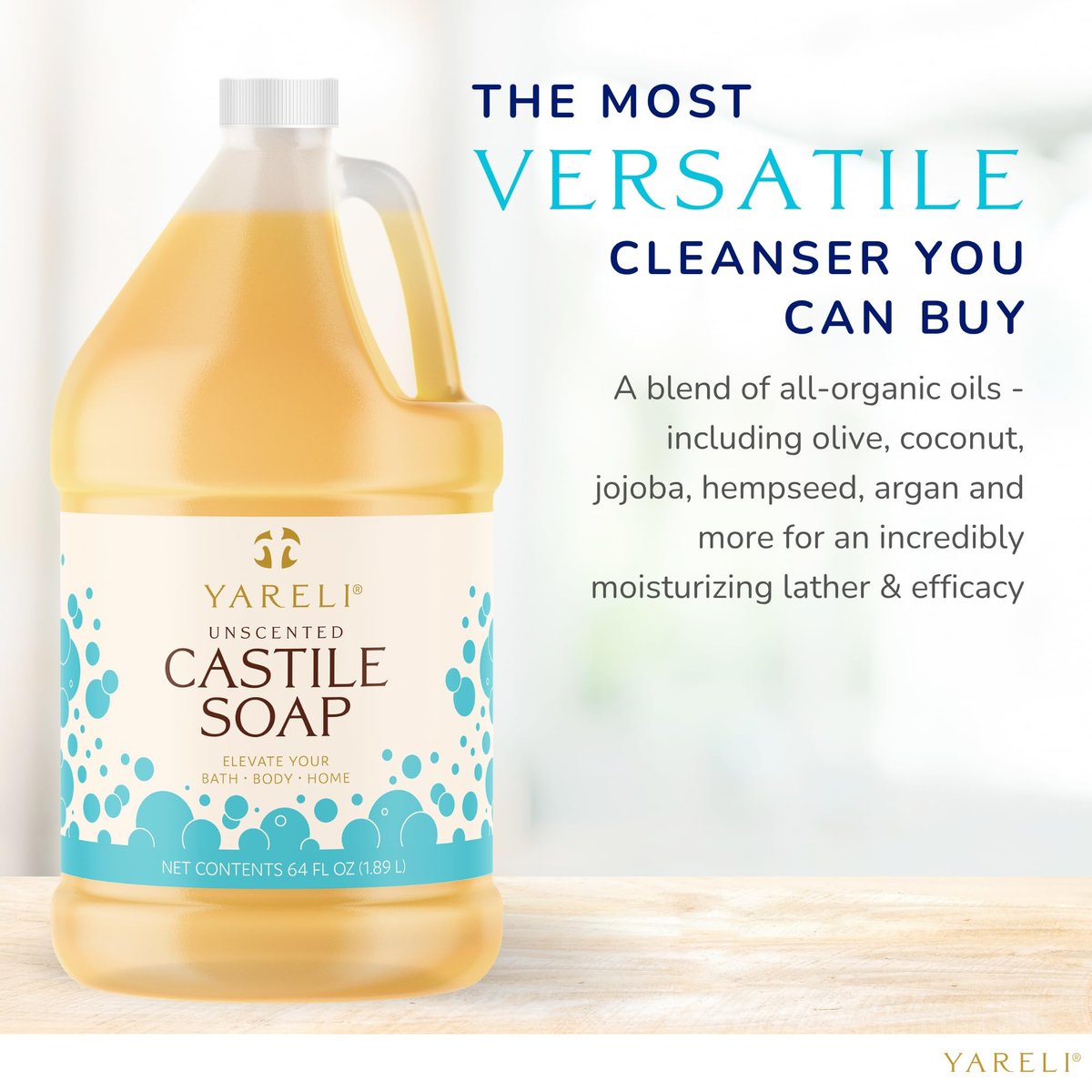 YARELI Pure Castile Soap Liquid Unscented 64oz – EWG Verified Organic Oils, Fragrance-Free Body Wash, Castile Soap for Bath Body Home Laundry – Made in USA, Vegan Avelisse