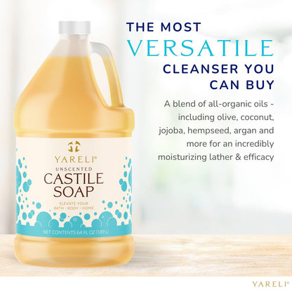 YARELI Pure Castile Soap Liquid Unscented 64oz – EWG Verified Organic Oils, Fragrance-Free Body Wash, Castile Soap for Bath Body Home Laundry – Made in USA, Vegan Avelisse