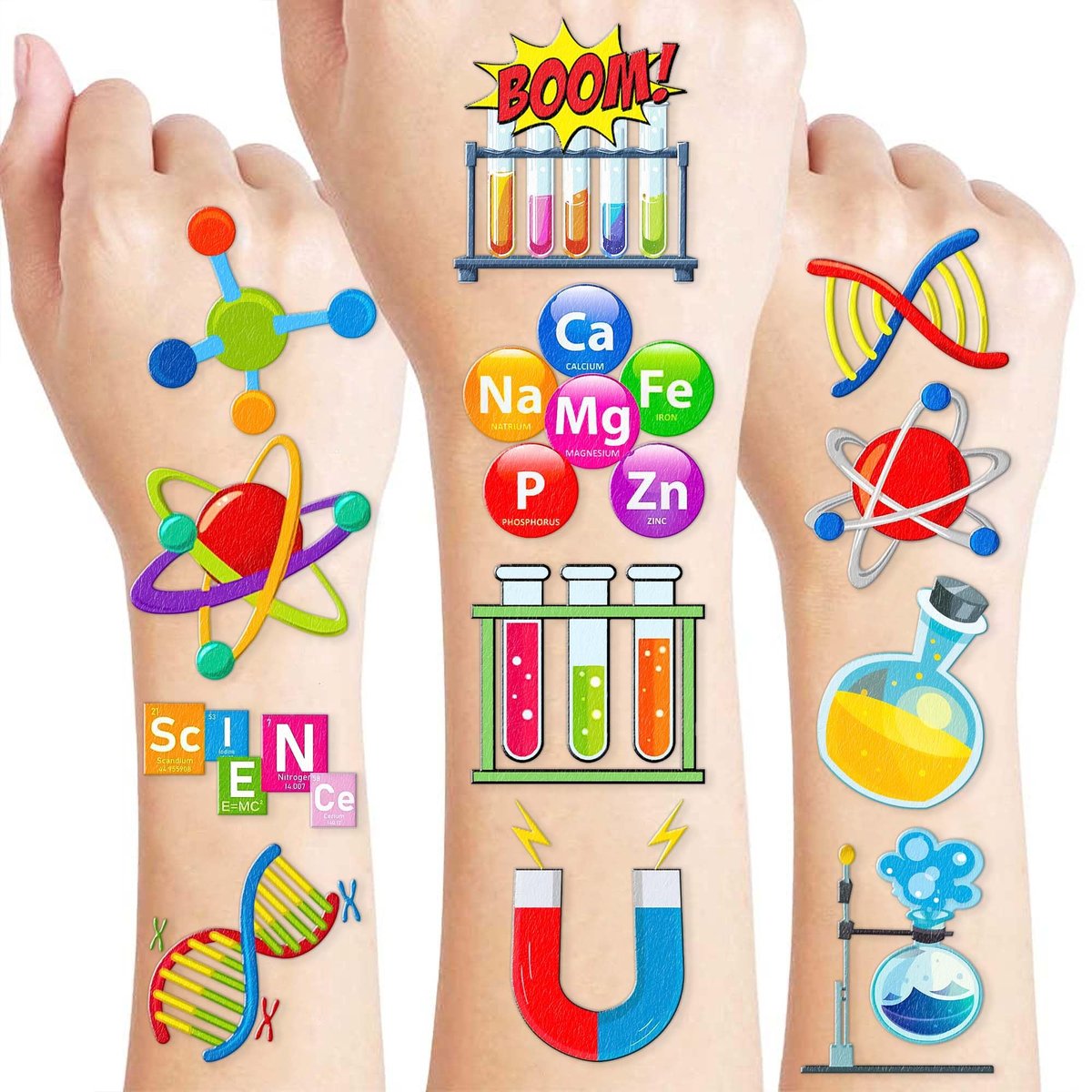 96-Pack Funny Science Temporary Tattoos for Kids – Mad Scientist Lab Birthday Party Favors, Chemistry Experiment Tattoo Stickers for Boys & Girls - görsel 1