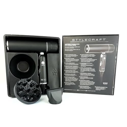 StyleCraft Ace Foldable Lightweight Hair Dryer with Powerful Motor, Diffuser & Concentrator Nozzle – Black Avelisse