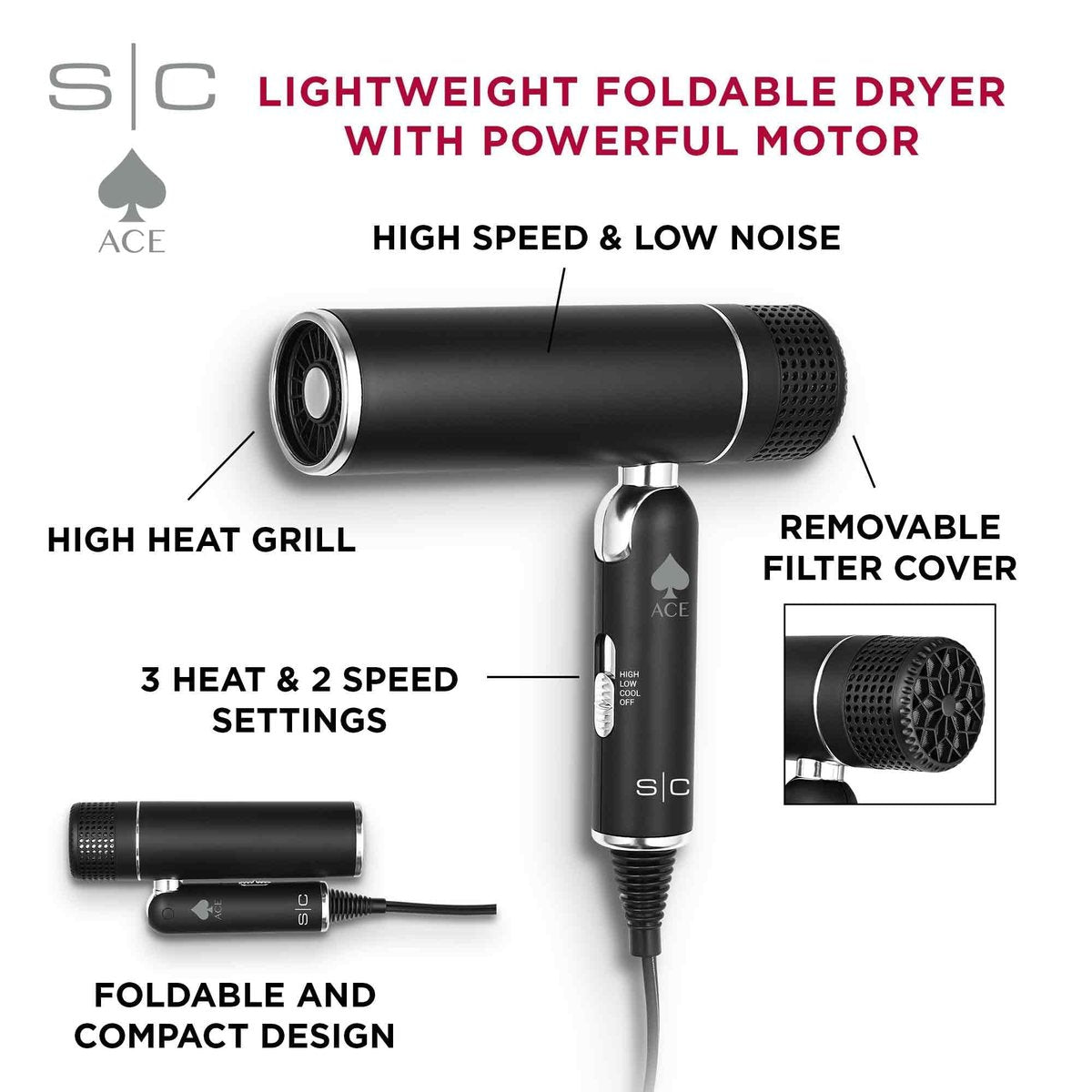 StyleCraft Ace Foldable Lightweight Hair Dryer with Powerful Motor, Diffuser & Concentrator Nozzle – Black Avelisse
