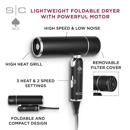 StyleCraft Ace Foldable Lightweight Hair Dryer with Powerful Motor, Diffuser & Concentrator Nozzle – Black Avelisse