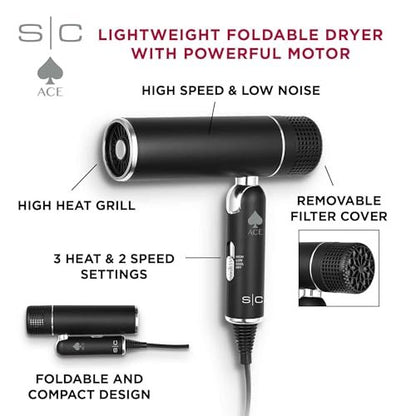StyleCraft Ace Foldable Lightweight Hair Dryer with Powerful Motor, Diffuser & Concentrator Nozzle – Black Avelisse