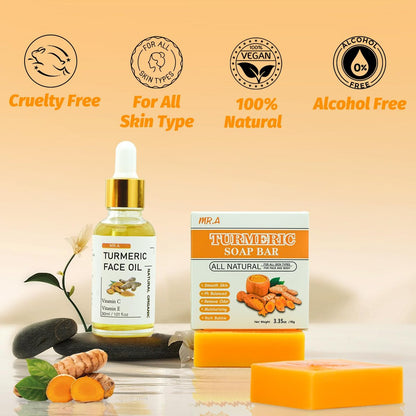 MR.A Turmeric Soap Bar & Oil Set: Natural Vitamin C Infused Face & Body Cleanser, Soothing & Hydrating Skincare for All Skin Types
