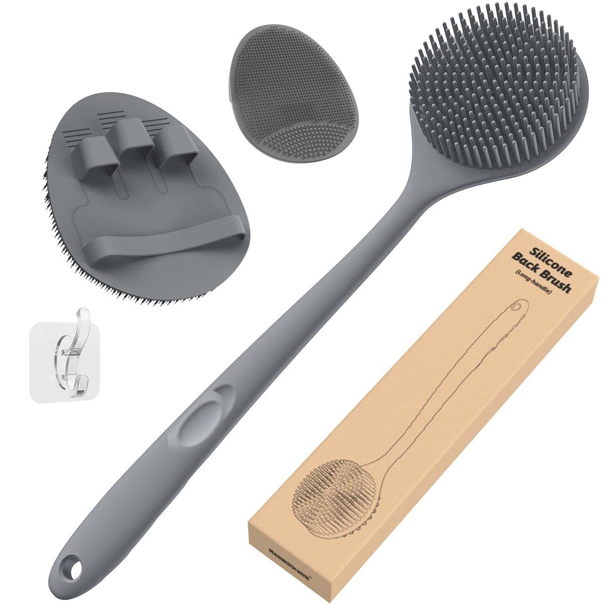 Manmihealth Silicone Back Scrubber (Thin Bristles) & Shower Face Brush Set (3PCS) - Gentle Exfoliating Body Scrubber, Bath Glove, Face Scrubber, Gray - görsel 1