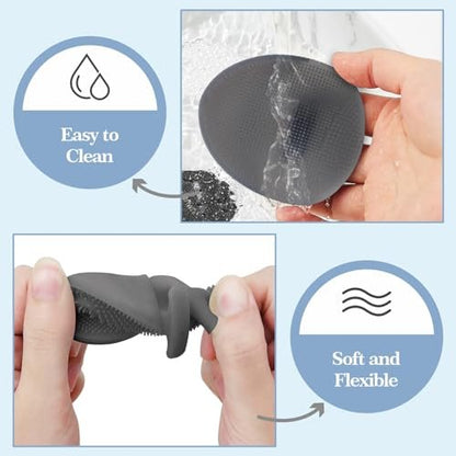 Manmihealth Silicone Back Scrubber (Thin Bristles) & Shower Face Brush Set (3PCS) - Gentle Exfoliating Body Scrubber, Bath Glove, Face Scrubber, Gray