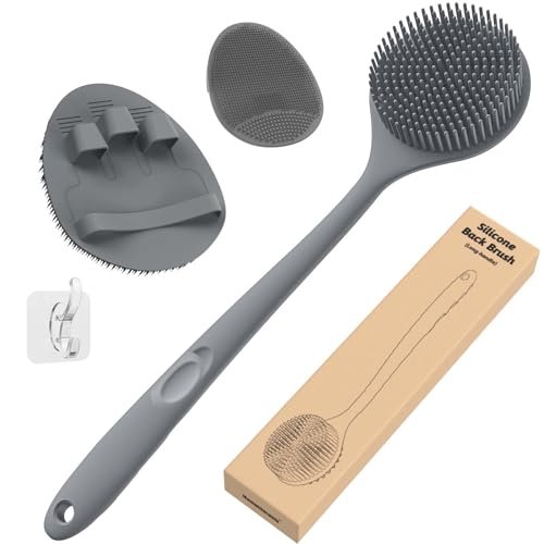 Manmihealth Silicone Back Scrubber (Thin Bristles) & Shower Face Brush Set (3PCS) - Gentle Exfoliating Body Scrubber, Bath Glove, Face Scrubber, Gray - görsel 2