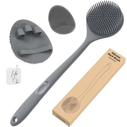 Manmihealth Silicone Back Scrubber (Thin Bristles) & Shower Face Brush Set (3PCS) - Gentle Exfoliating Body Scrubber, Bath Glove, Face Scrubber, Gray