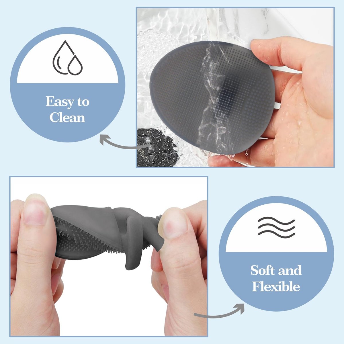 Manmihealth Silicone Back Scrubber (Thin Bristles) & Shower Face Brush Set (3PCS) - Gentle Exfoliating Body Scrubber, Bath Glove, Face Scrubber, Gray - görsel 9