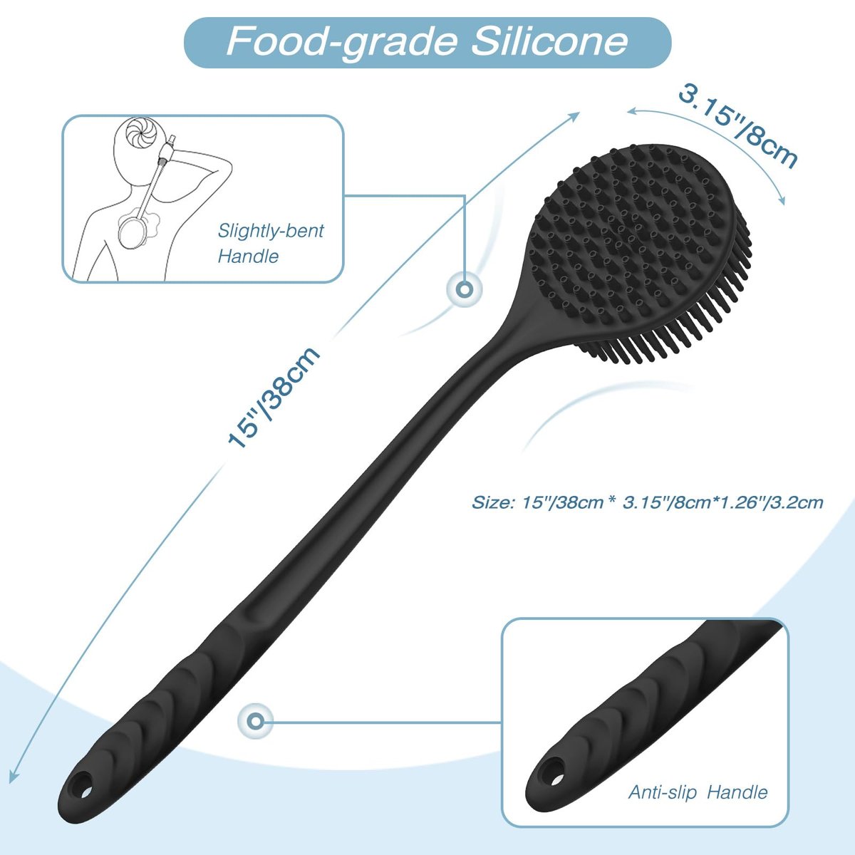 Manmihealth Silicone Back Scrubber, Bath Glove & Face Brush Set (3PCS) - Super-Exfoliating & Lathering Body Scrubber, Shower Brush, Face Scrubber Combination, with Free Hook (Black) - görsel 3
