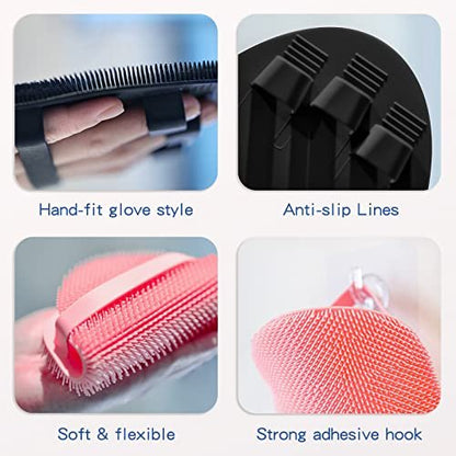 Manmihealth Silicone Back Scrubber, Bath Glove & Face Brush Set (3PCS) - Super-Exfoliating & Lathering Body Scrubber, Shower Brush, Face Scrubber Combination, with Free Hook (Black)