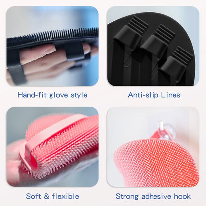 Manmihealth Silicone Back Scrubber, Bath Glove & Face Brush Set (3PCS) - Super-Exfoliating & Lathering Body Scrubber, Shower Brush, Face Scrubber Combination, with Free Hook (Black)