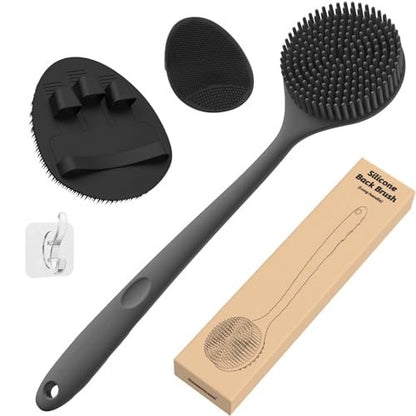 Manmihealth Silicone Back Scrubber, Bath Glove & Face Brush Set (3PCS) - Super-Exfoliating & Lathering Body Scrubber, Shower Brush, Face Scrubber Combination, with Free Hook (Black)