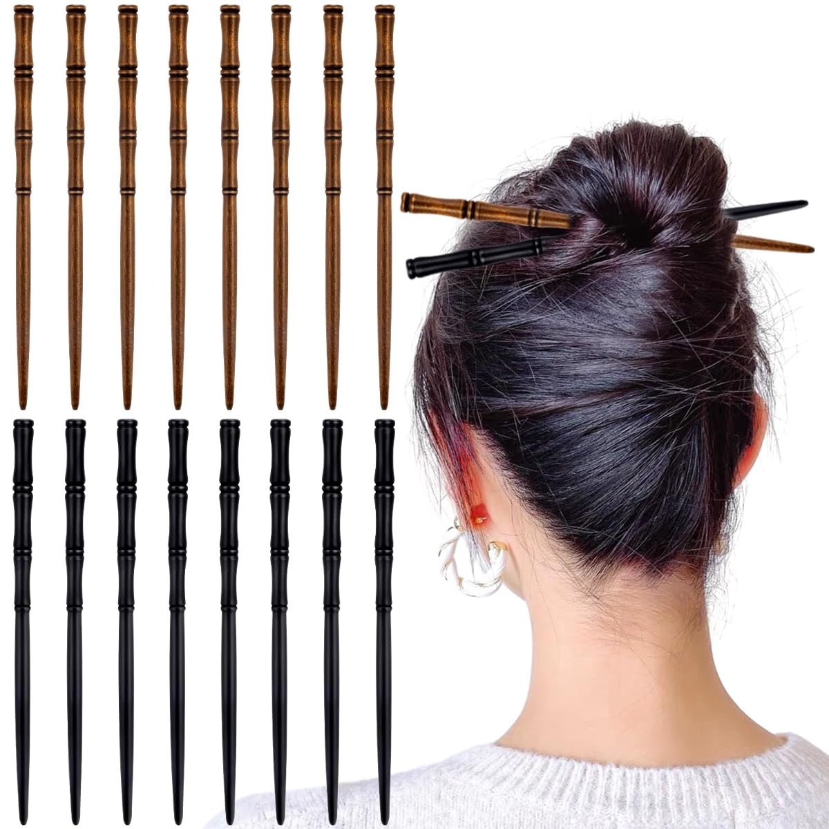 16 PCS Retro Wooden Hair Sticks Bamboo Shape Hair Chopsticks - Vintage Elegant Hair Pins for Long Hair Women and Girls Bun Hairstyles Decorative Holder - görsel 1