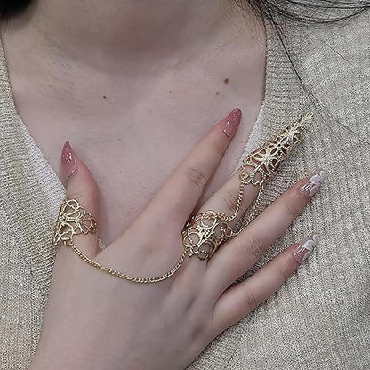 Sgoeths Gothic Hollow Finger Nail Tip Claw Rings for Women - 2 Pcs Copper Fingertip Claw Nail Rings for Halloween Cosplay Costume