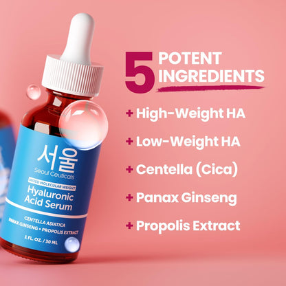 SeoulCeuticals Korean Hyaluronic Acid Serum for Face - Dual Molecular Weight HA with Centella & Propolis - 1 oz Avelisse