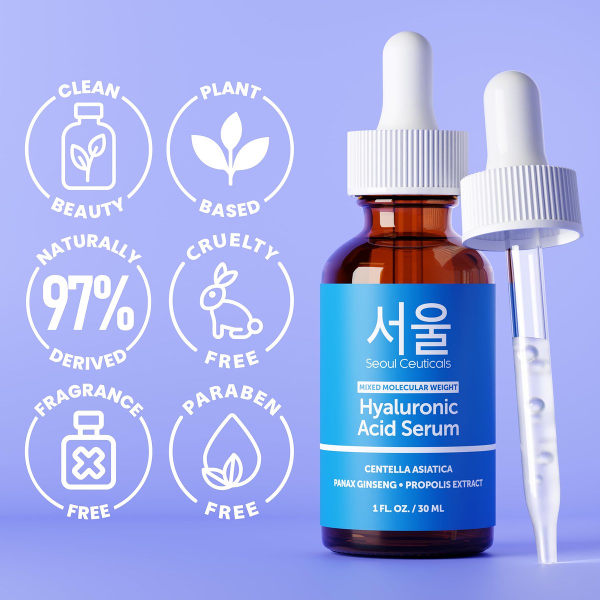 SeoulCeuticals Korean Hyaluronic Acid Serum for Face - Dual Molecular Weight HA with Centella & Propolis - 1 oz Avelisse