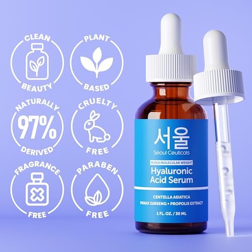 SeoulCeuticals Korean Hyaluronic Acid Serum for Face - Dual Molecular Weight HA with Centella & Propolis - 1 oz Avelisse