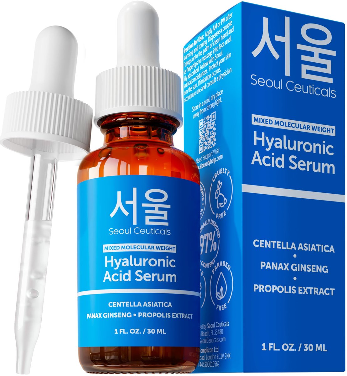 SeoulCeuticals Korean Hyaluronic Acid Serum for Face - Dual Molecular Weight HA with Centella & Propolis - 1 oz Avelisse
