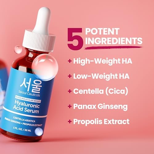 SeoulCeuticals Korean Hyaluronic Acid Serum for Face - Dual Molecular Weight HA with Centella & Propolis - 1 oz Avelisse