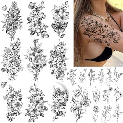 CHARLENT 23 Sheets Flower Temporary Tattoos for Women - Waterproof Realistic Rose Orchid Tiny Branch Sketch Fake Tattoos for Body Art