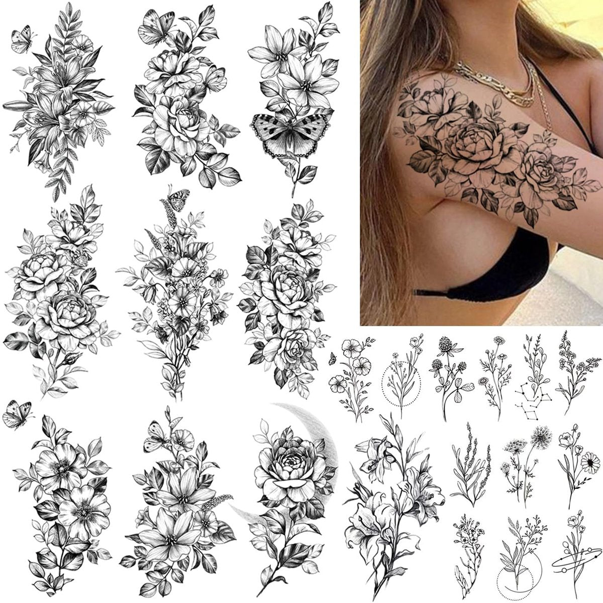 CHARLENT 23 Sheets Flower Temporary Tattoos for Women - Waterproof Realistic Rose Orchid Tiny Branch Sketch Fake Tattoos for Body Art - görsel 1