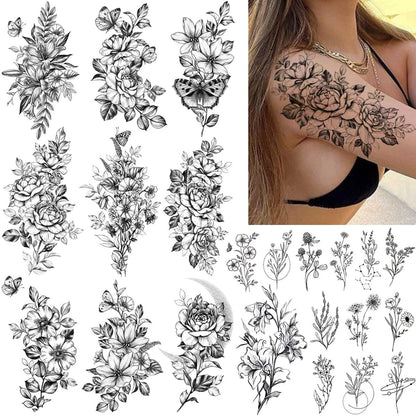 CHARLENT 23 Sheets Flower Temporary Tattoos for Women - Waterproof Realistic Rose Orchid Tiny Branch Sketch Fake Tattoos for Body Art