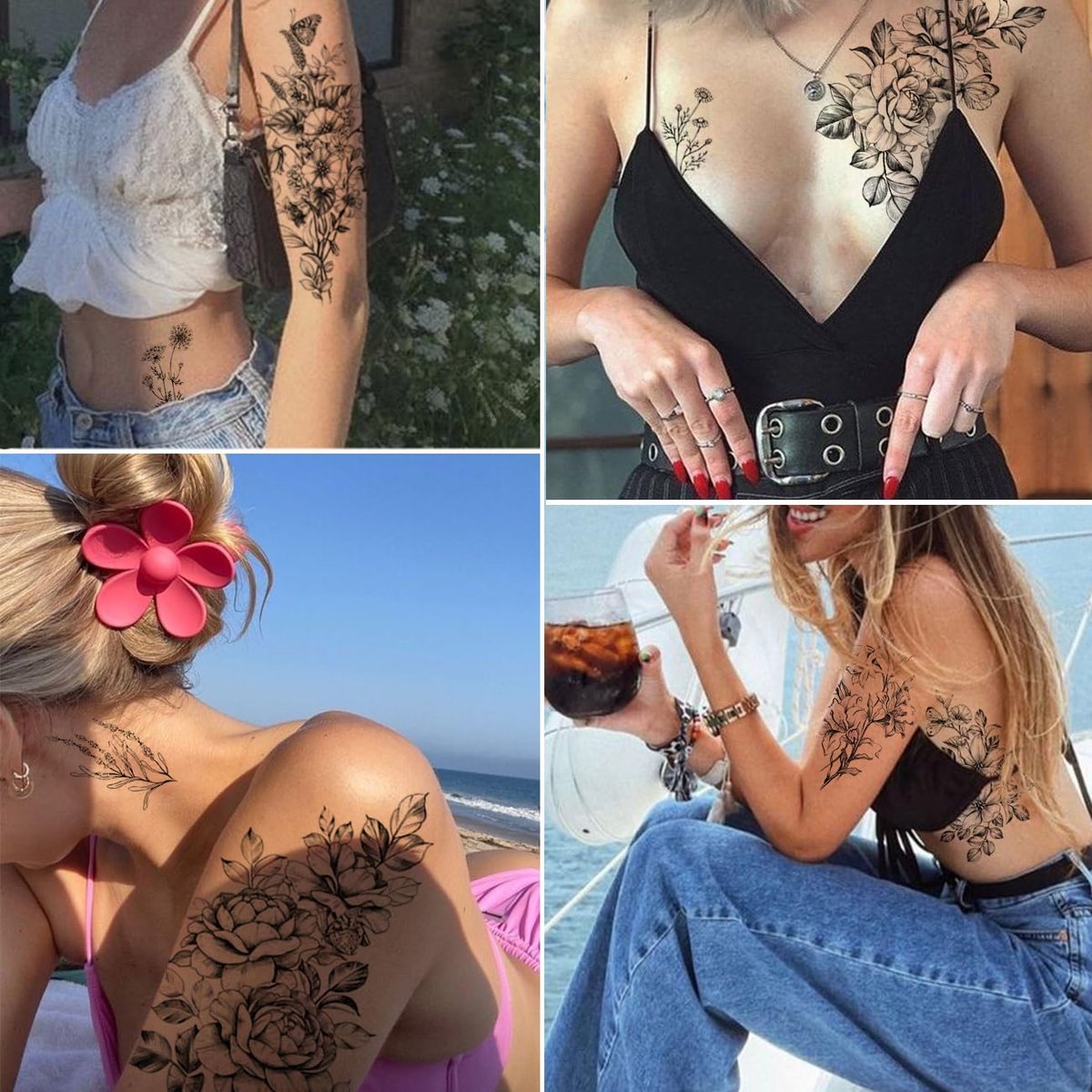 CHARLENT 23 Sheets Flower Temporary Tattoos for Women - Waterproof Realistic Rose Orchid Tiny Branch Sketch Fake Tattoos for Body Art - görsel 5